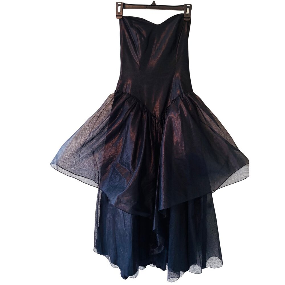 Vintage Black Strapless Dress Tulle Overlay Tiered Party Dress Glamour Goth